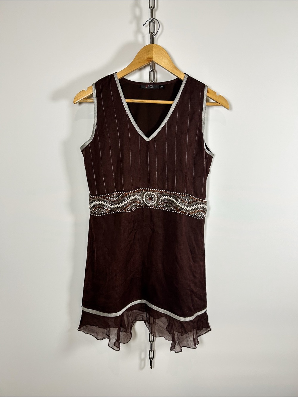 Y2K Envi Chocolate Brown Dress w/ Beaded + Ruffle Details